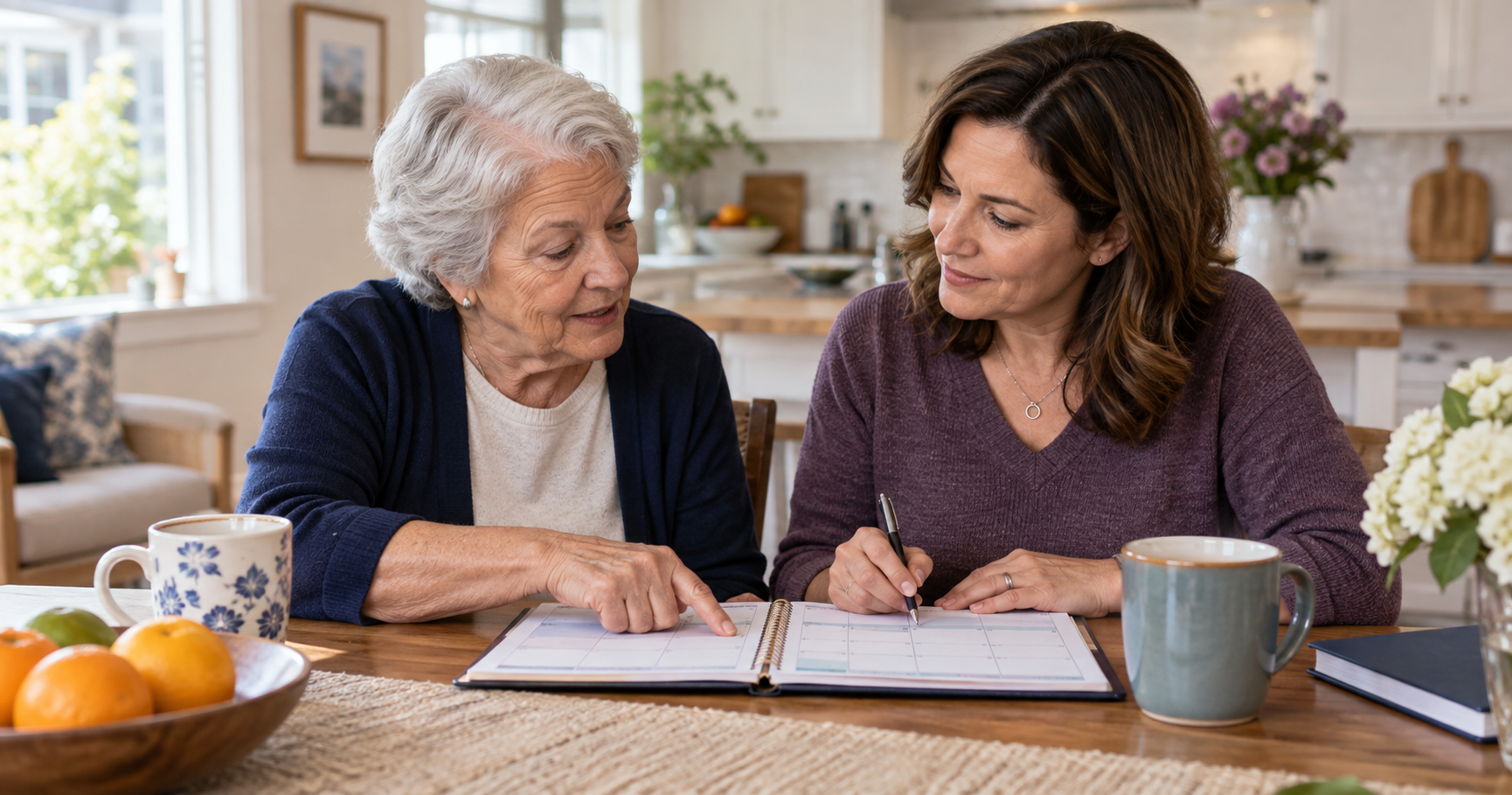 A family caregiver and an older adult reviewing a simple weekly planner together at a kitchen table.