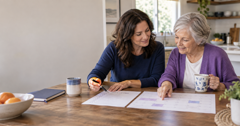 Family caregiver and older adult reviewing a shared care plan and calendar together at a kitchen table.