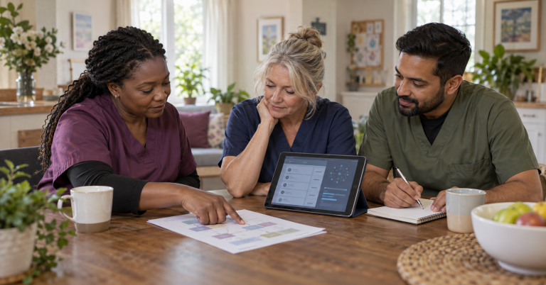 Home-care professionals reviewing a shared operational workflow together.