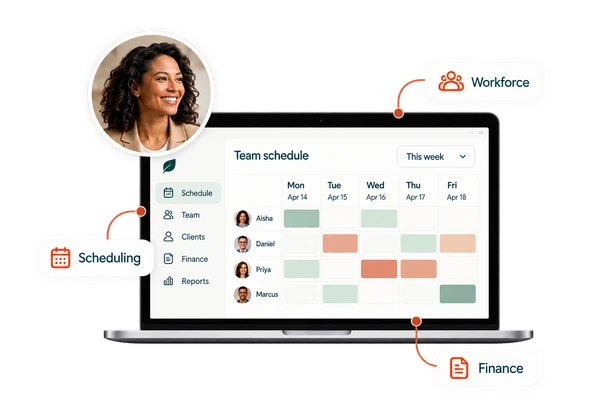 Illustration of agency planning with a laptop, coordinator, and scheduling, workforce and finance labels.