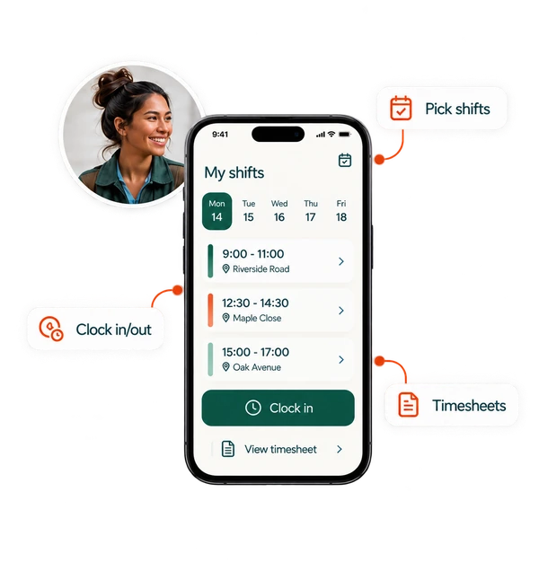 Illustration of a careworker with a smartphone and shift selection, clock-in and timesheet labels.